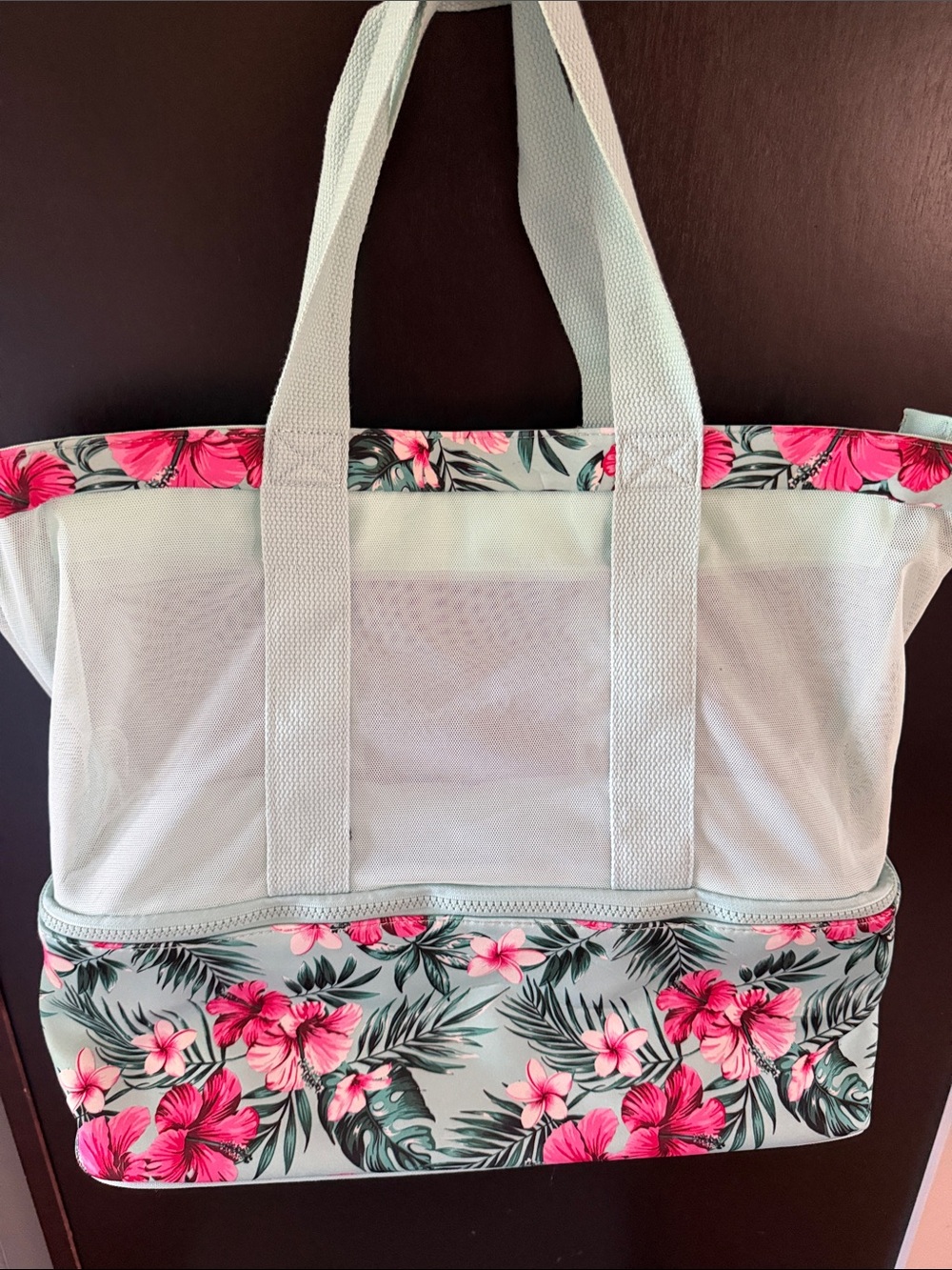 Floral Mesh Tote Bag in Pink and Mint - Women's Beach &  Cooler Bag